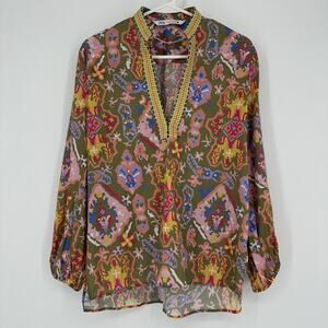 Zara Tunic Blouse Women Small Boho Embroidered Multicolor Top Lightweight Cotton